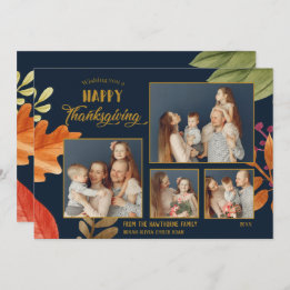Customizable 4 Family Photos Thanksgiving Blue Card