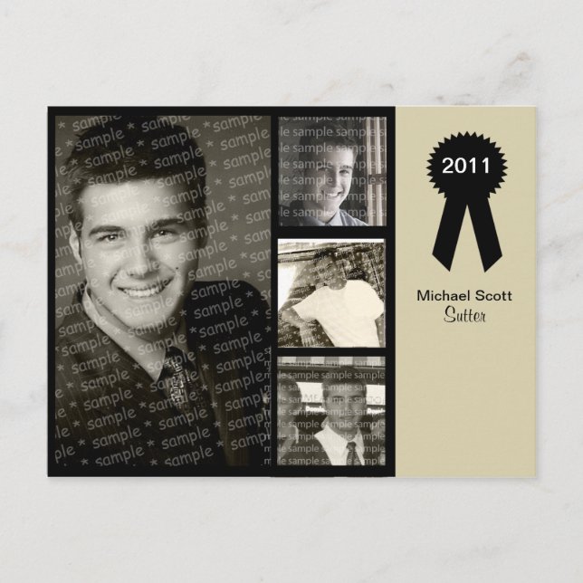 Customizable 4-photo Black and Beige Grad Card (Front)