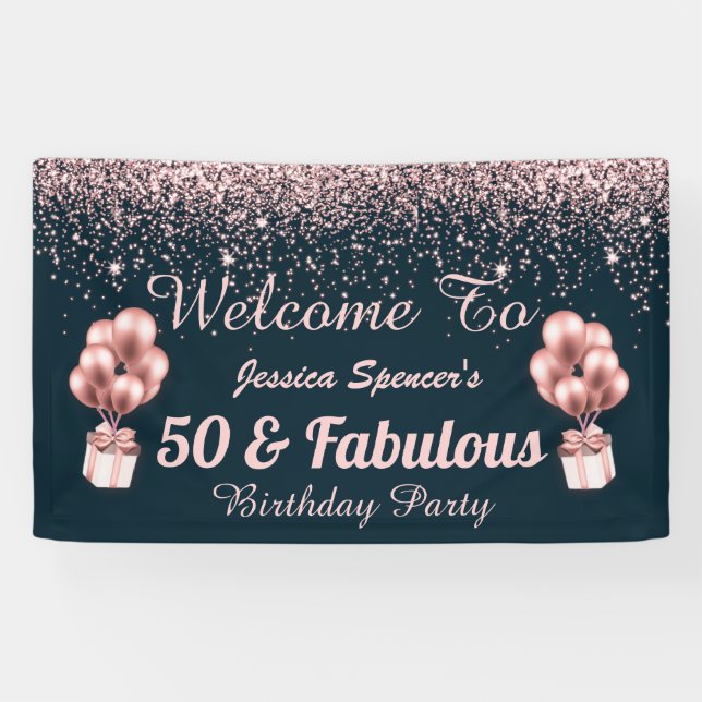 Customizable 50 and Fabulous Rose Gold Birthday Banner (Horizontal)