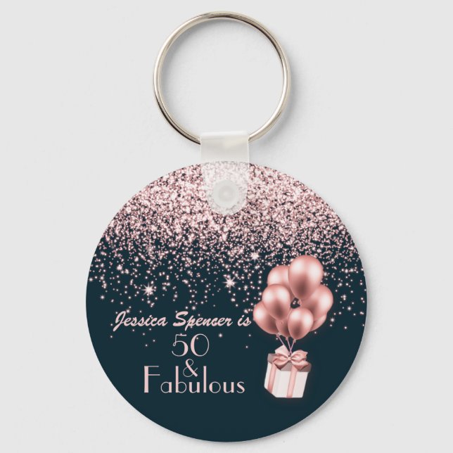 Customizable 50 & Fabulous Rose Gold 50th Birthday Keychain (Front)