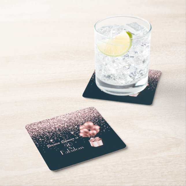 Customizable 50 & Fabulous Rose Gold 50th Birthday Square Paper Coaster (Insitu)