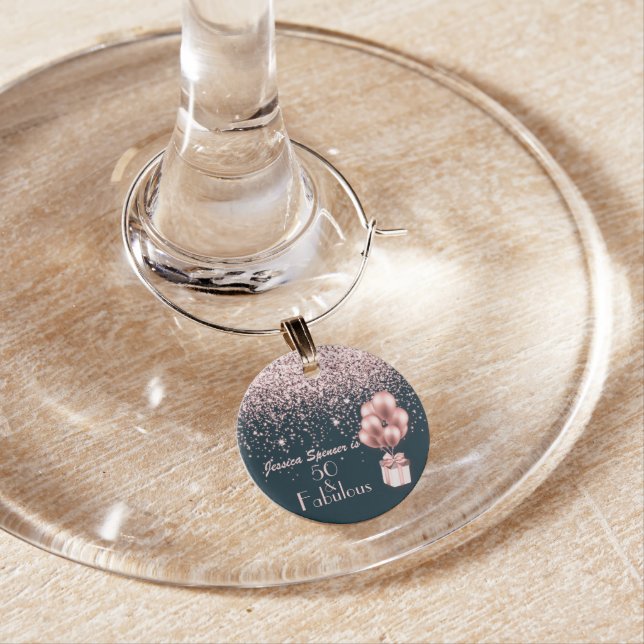 Customizable 50 & Fabulous Rose Gold 50th Birthday Wine Charm (In Situ)