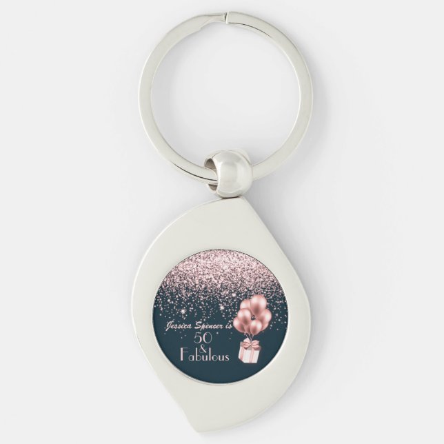 Customizable 50 & Fabulous Rose Gold B'day Favor Keychain (Front)