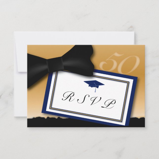 Customizable 50 Year Class Reunion RSVP Blue Card (Front)