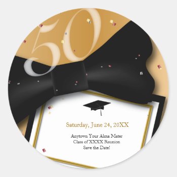 Customizable 50 Year Class Reunion Save The Date Classic Round Sticker by lovescolor at Zazzle