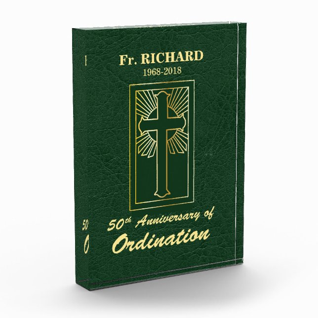 Customizable 50th Anniversary of Ordination Green Acrylic Award (Left)