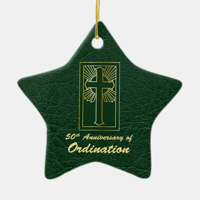 Customizable 50th Anniversary of Ordination Green Ceramic Ornament (Front)