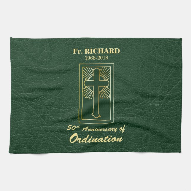 Customizable 50th Anniversary of Ordination Green Kitchen Towel (Horizontal)