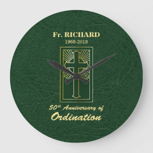 Customizable 50th Anniversary of Ordination Green Large Clock