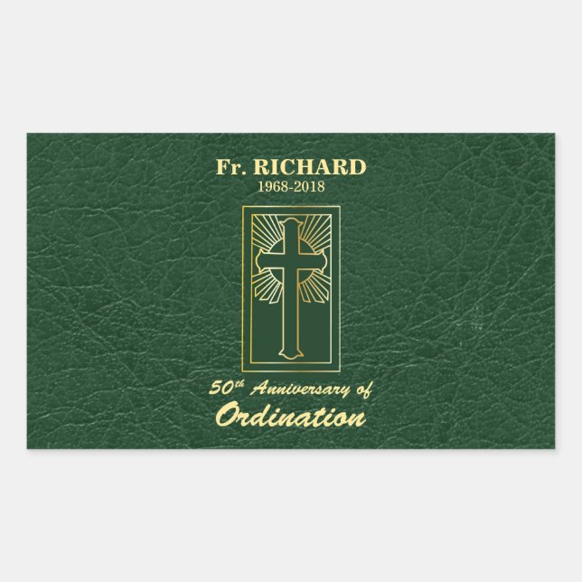 Customizable 50th Anniversary of Ordination Green Rectangular Sticker (Front)