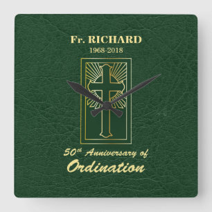 Customizable 50th Anniversary of Ordination Green Square Wall Clock
