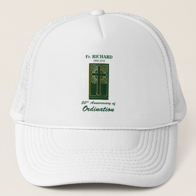Customizable 50th Anniversary of Ordination Green Trucker Hat (Front)