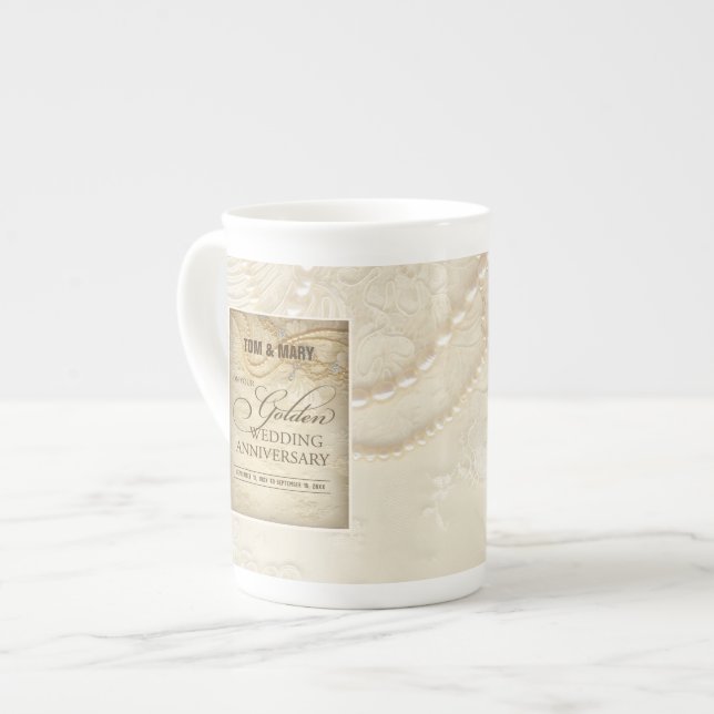 Customizable, 50th Wedding Anniversary Pearls Bone China Mug (Front Left)