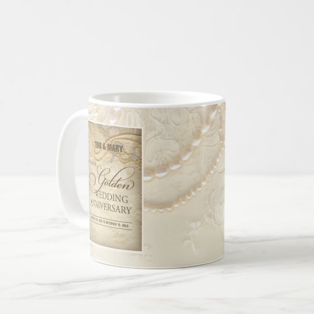 Customizable, 50th Wedding Anniversary Pearls Coffee Mug (Front Left)