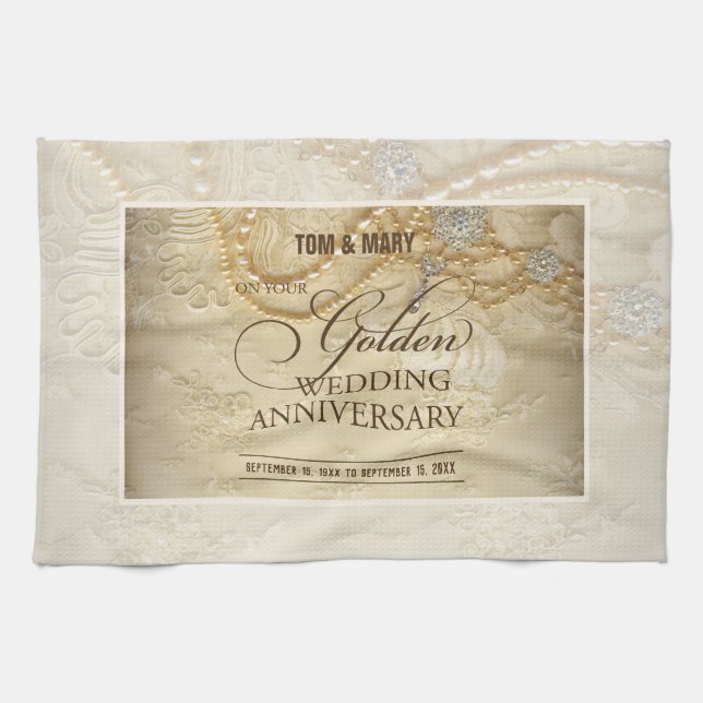 Customizable, 50th Wedding Anniversary Pearls Kitchen Towel (Horizontal)