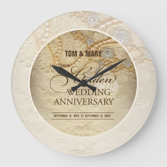 Customizable, 50th Wedding Anniversary Pearls Large Clock (Front)