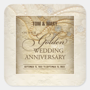 Customizable, 50th Wedding Anniversary Pearls Square Sticker