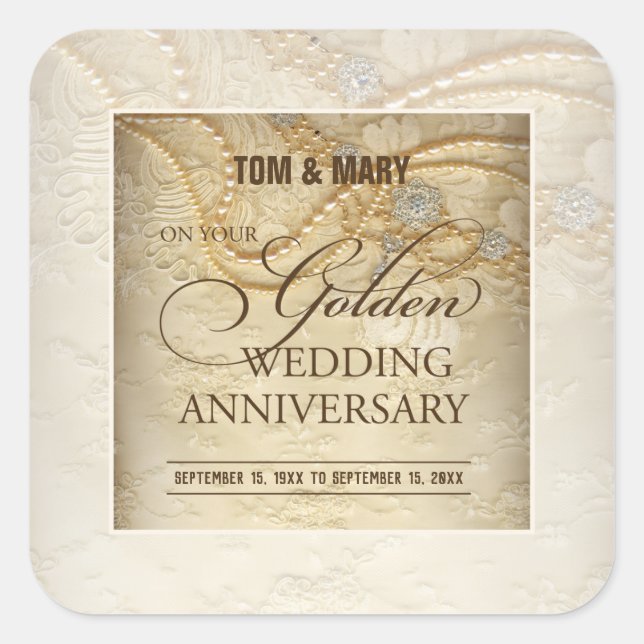 Customizable, 50th Wedding Anniversary Pearls Square Sticker (Front)