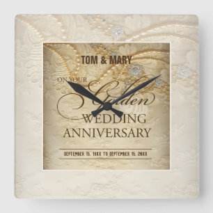 Customizable, 50th Wedding Anniversary Pearls Square Wall Clock