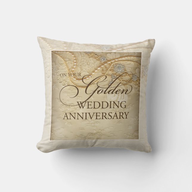 Customizable, 50th Wedding Anniversary Pearls Throw Pillow (Front)