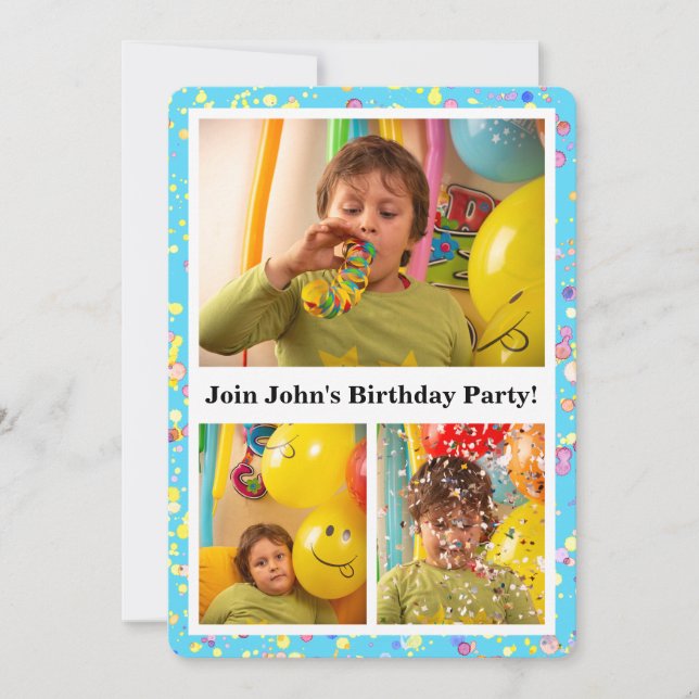 Customizable 5x7 Sky Blue Birthday Photo Collage I Invitation (Front)