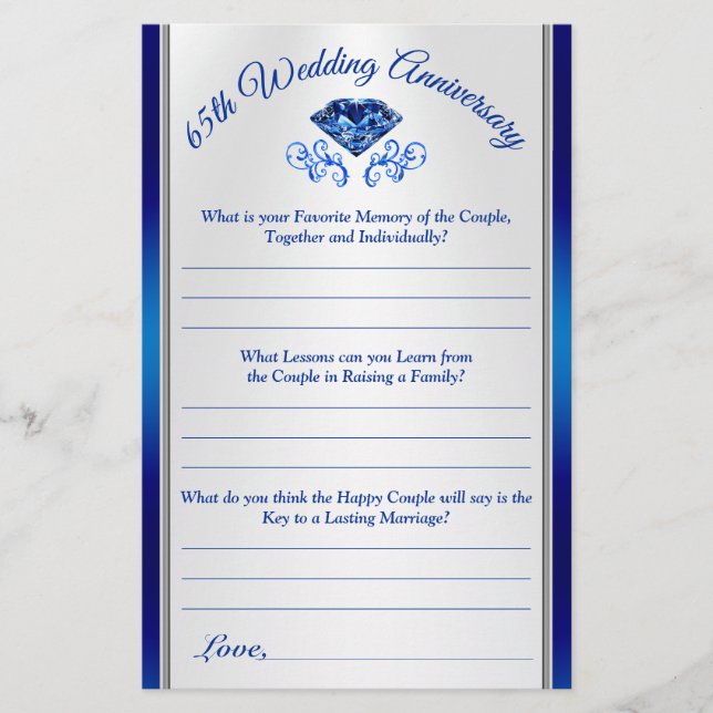 Customizable 65th Anniversary Party Question Sheet (Front)