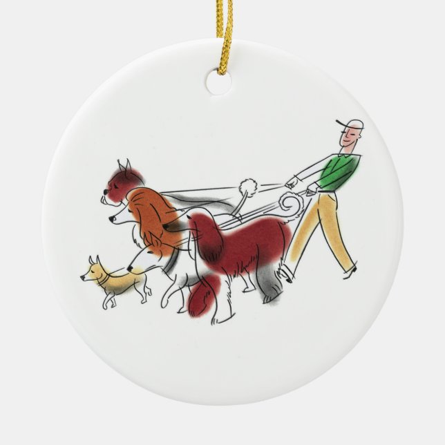 Customizable Abstract Art Dog Walker and Dogs Ceramic Ornament (Front)