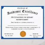Customizable Academic Achievement Certificate<br><div class="desc">Design features a blue trim with image of a gold medal award at bottom center. Title is displayed in traditional font for a certificate. Customizable text. Available trim colors are red,  gold,  blue and green.</div>