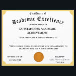 Customizable Academic Achievement Certificate<br><div class="desc">Design features a gold-colored trim with image of a gold medal award at bottom center. Title is displayed in traditional font for a certificate. Customizable text.</div>