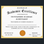 Customizable Academic Achievement Certificate<br><div class="desc">Design features a gold-colored trim with image of a gold medal award at bottom center. Title is displayed in traditional font for a certificate. Customizable text.</div>
