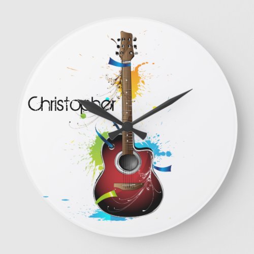 Customizable Acoustic Guitar with Paint Splatters Large Clock