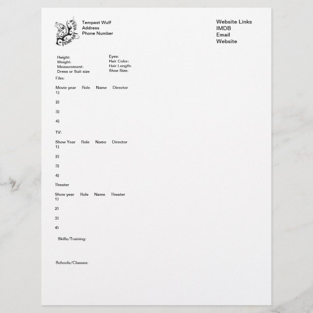 Customizable Acting Resume Template Letterhead (Front)
