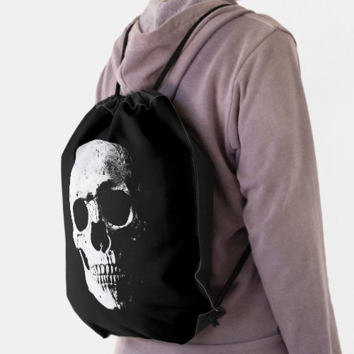 Customizable Add Text Template Black White Skull Drawstring Bag