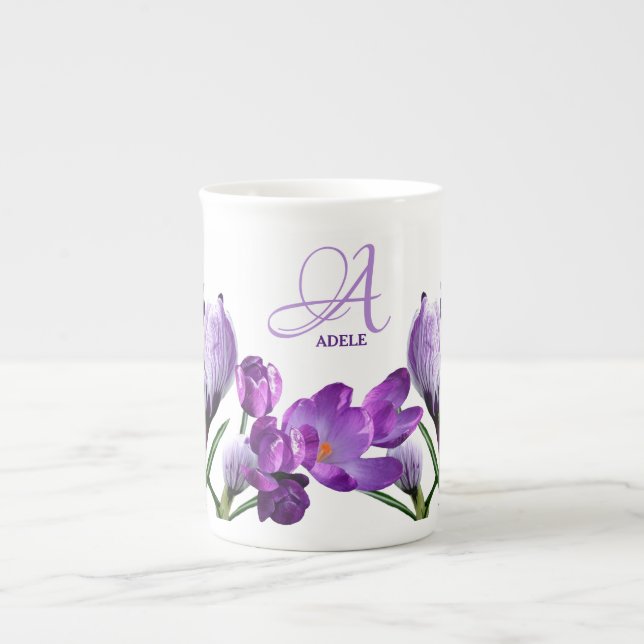 Customizable Adele name monogram purple flowers Bone China Mug (Front)