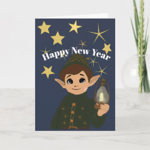Customizable Adorable Elf and Snowflake Folded Car Card