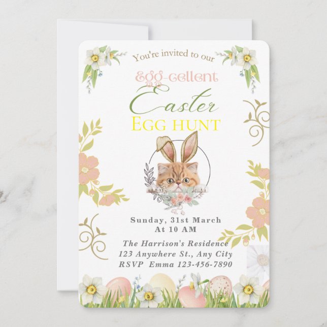 Customizable Adorable Orange Cat Bunny Easter Invitation (Front)