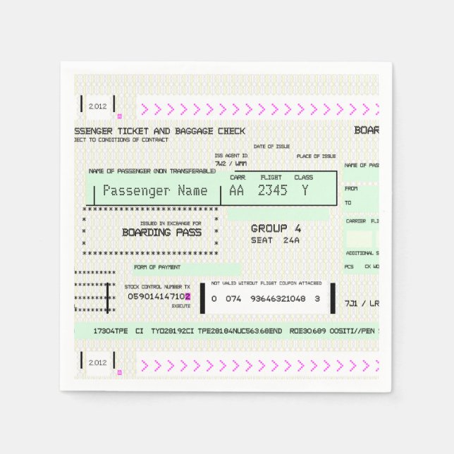 Customizable Airline Ticket Boarding Pass Napkins (Front)
