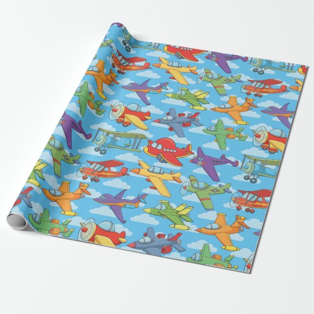 Customizable Airplanes and Clouds Wrapping Paper (Unrolled)