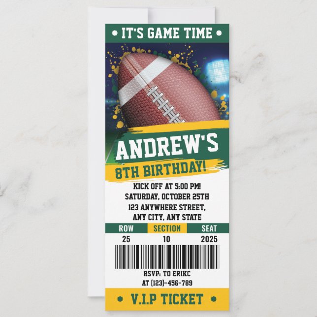 Customizable American Football Birthday Ticket Invitation (Front)