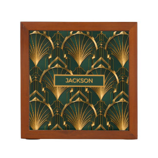 Customizable Art Deco Emerald Green and Gold Desk Organizer
