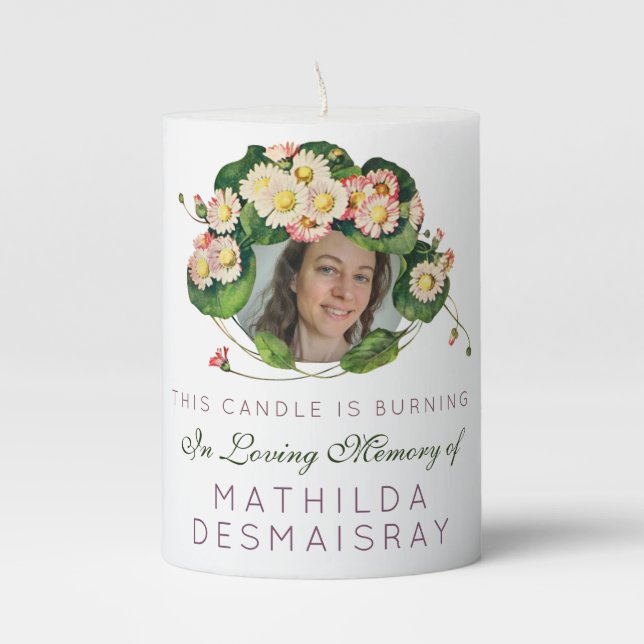 Customizable Art Nouveau Daisies In Loving Memory Pillar Candle (Front)