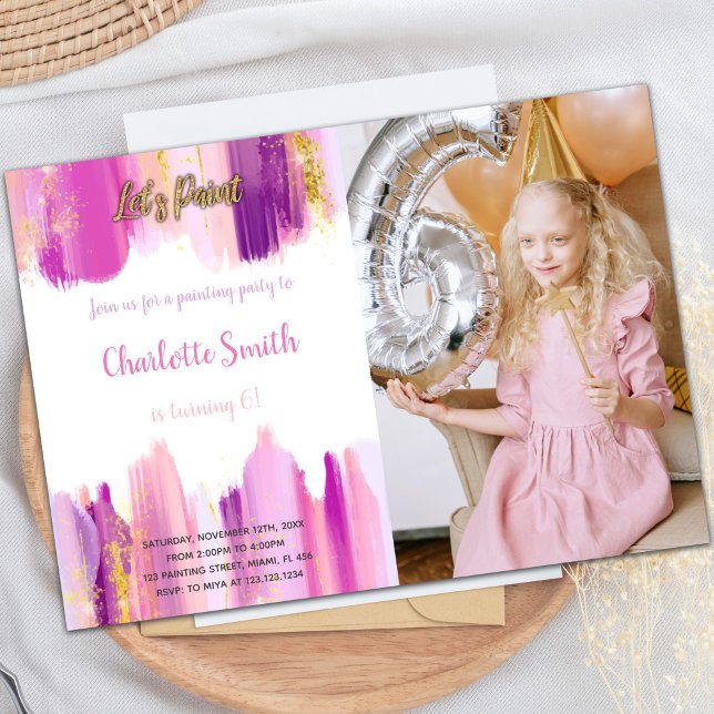 Customizable Artistic Party Invitations for Kids (Paint Birthday Invitation Purple with photo)