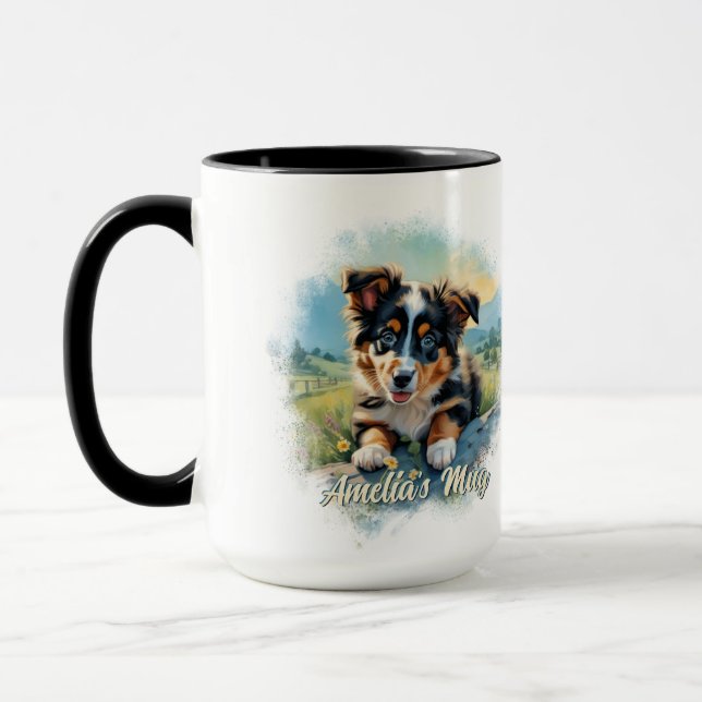Customizable Australian Shepherd Puppy Mug (Left)