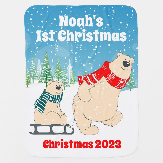 Customizable Baby Bear on Sled First Christmas Baby Blanket (Front)