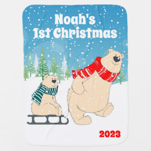 Customizable Baby Bear on Sled First Christmas Blanket