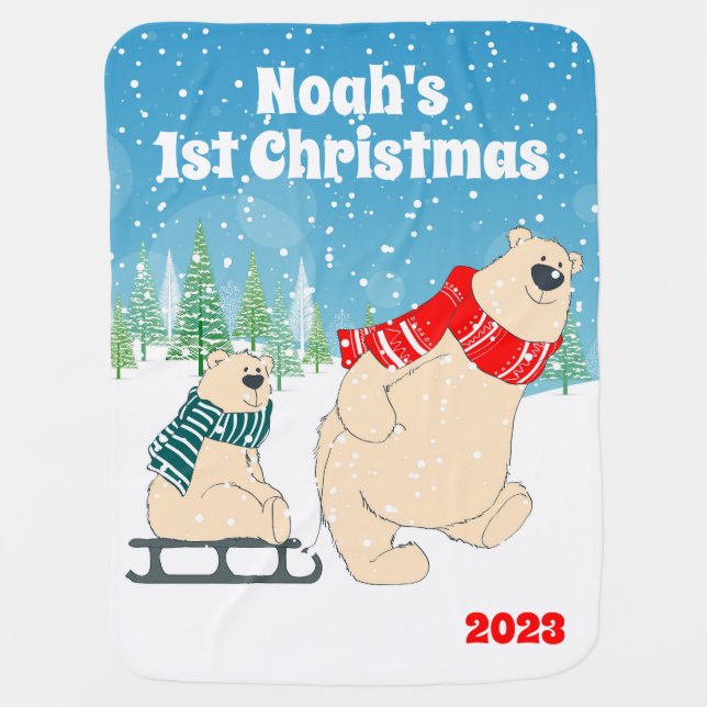 Customizable Baby Bear on Sled First Christmas Blanket (Front)