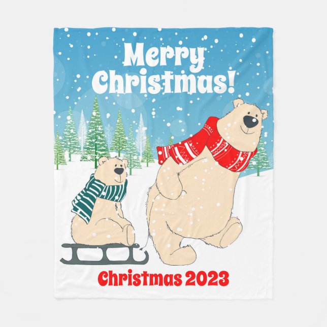 Customizable Baby Bear on Sled Merry Christmas Fleece Blanket (Front)