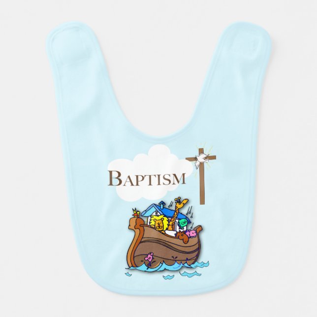 Customizable, Baby Boy Baptism Noah's Ark Bib (Front)