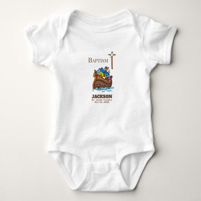 Customizable, Baby Boy Baptism Noah's Ark Bodysuit (Front)