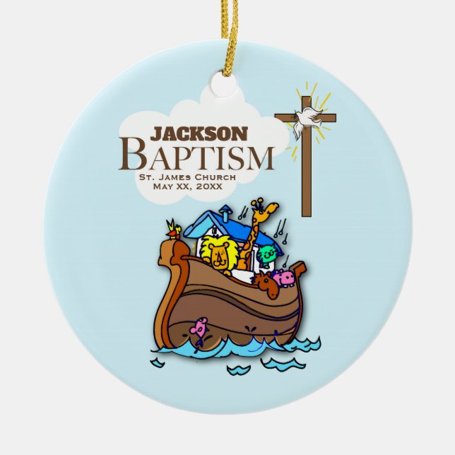 Customizable, Baby Boy Baptism Noah's Ark Ceramic Ornament (Front)